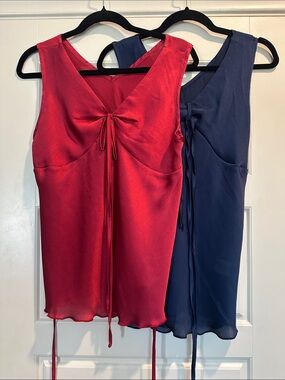 Silky Tie-Front Sleeveless Top in Red and Navy 2 for 1